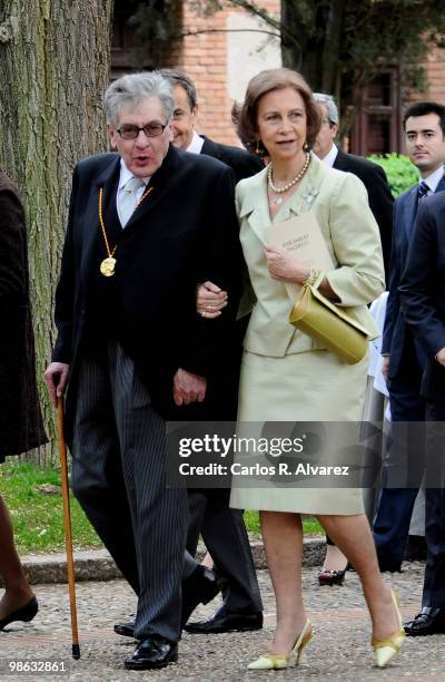 Mexican writer Jose Emilio Pacheco and Queen Sofia of Spain walk after the Cervantes Prize ceremony at Alcala de Henares University on April 23, 2010...