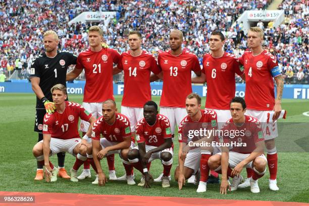 Players of Denmark line up for the team photos prior to the 2018 FIFA World Cup Russia group C match between Denmark and France at Luzhniki Stadium...