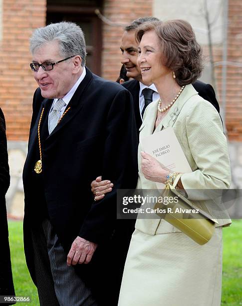 Mexican writer Jose Emilio Pacheco and Queen Sofia of Spain walk after the Cervantes Prize ceremony at Alcala de Henares University on April 23, 2010...