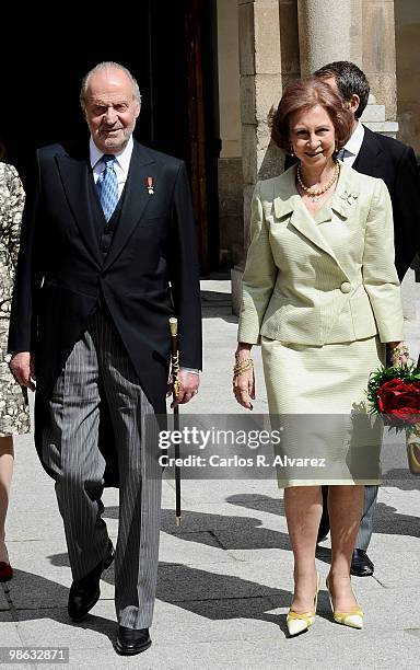 King Juan Carlos of Spain and Queen Sofia of Spain arrive at the Alcala de Henares University to attend the Cervantes prize ceremony to Mexican...