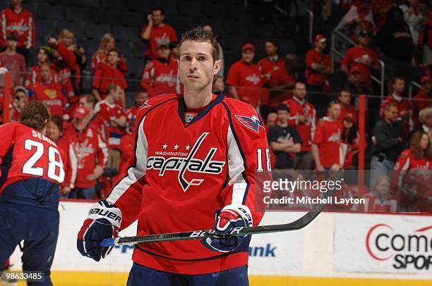 Eric Belanger of the Washington Capitals looks on before a game against the Montreal Canadiens during Game One of the Eastern Conference...