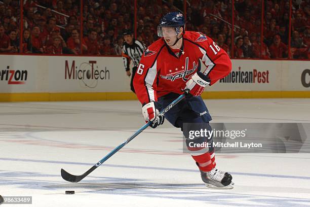 Eric Fehr of the Washington Capitals skates with the puck against the Montreal Canadiens during Game One of the Eastern Conference Quarterfinals of...