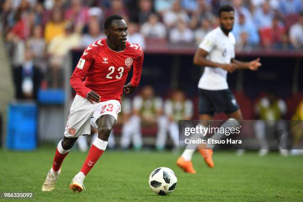 Pione Sisto of Denmark in action during the 2018 FIFA World Cup Russia group C match between Denmark and France at Luzhniki Stadium on June 26, 2018...