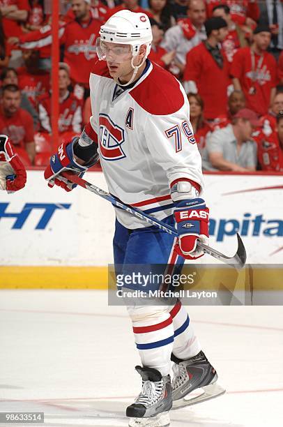 Andrei Markov of the Montreal Canadiens looks on during game against the Washington Capitals of Game One of the Eastern Conference Quarterfinals of...