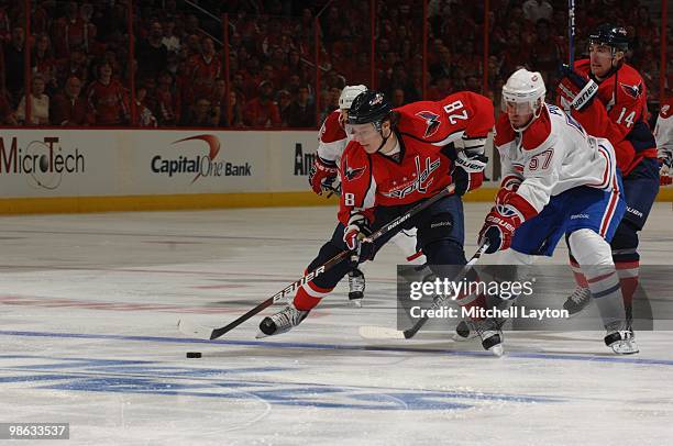 Alex Semin of the Washington Capitals skates with the puck against the Montreal Canadiens during Game One of the Eastern Conference Quarterfinals of...