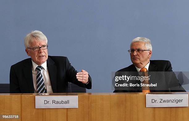 Reinhard Rauball, president of the German Football League and Theo Zwanziger, president of the German football association attend the press...