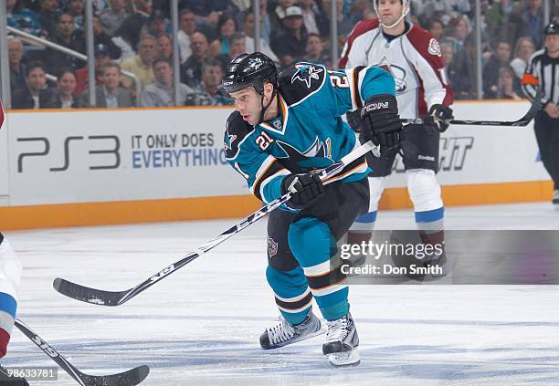 Scott Nichol of the San Jose Sharks skates in front of Stephane Yelle of the Colorado Avalanche in Game Two of the Western Conference Quarterfinals...