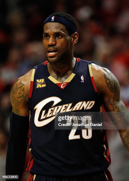 LeBron James of the Cleveland Cavaliers looks at his coach against the Chicago Bulls in Game Three of the Eastern Conference Quarterfinals during the...