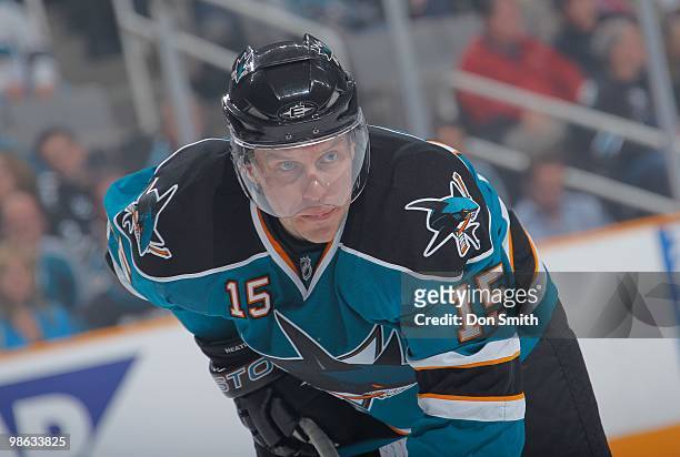 Dany Heatley of the San Jose Sharks waits for the faceoff against the Colorado Avalanche in Game Two of the Western Conference Quarterfinals during...