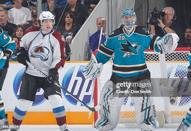 Matt Duchene of the Colorado Avalanche looks for the puck against Evgeni Nabokov of the San Jose Sharks in Game Two of the Western Conference...