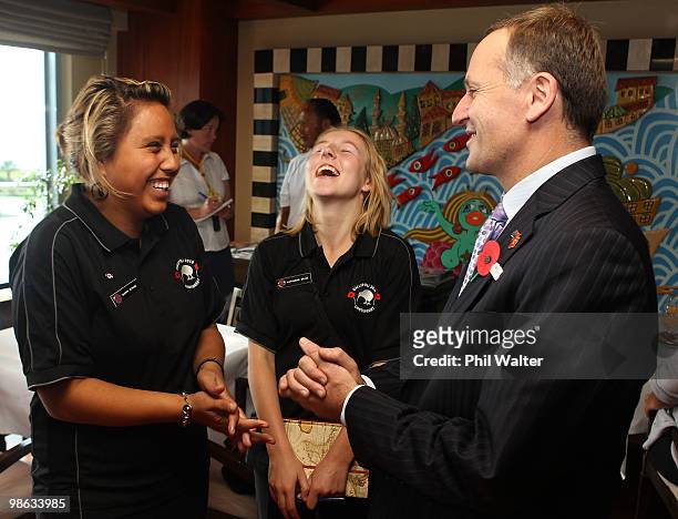 New Zealand Prime Minister John Key meets with New Zealand school children Sherry Pomare and Katherine Bruce on April 23, 2010 in Canakkale, Turkey....