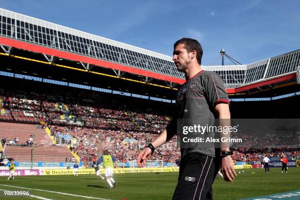 Head coach Marco Kurz of Kaiserslautern leaves the pitch before the Second Bundesliga match between 1. FC Kaiserslautern and Hansa Rostock at the...