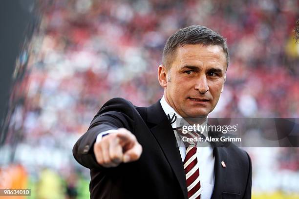 Stefan Kuntz, president of Kaiserslautern gestures prior to the Second Bundesliga match between 1. FC Kaiserslautern and Hansa Rostock at the...