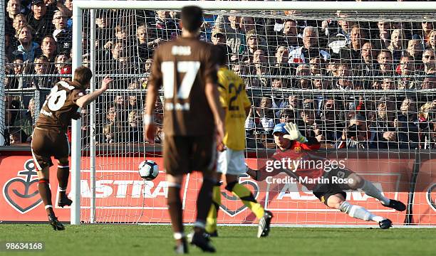 Dieter Paucken , goalkeeper of Koblenz saves the penalty kick of Matthias Lehmann of St.Pauli during the Second Bundesliga match between FC St. Pauli...