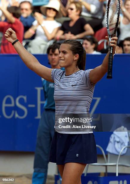 Amelie Mauresmo of France celebrates her 6-4, 7-6 victory over Martina Hingis of Switzerland in the Semi Final of the Italian Open, Rome. DIGITAL...