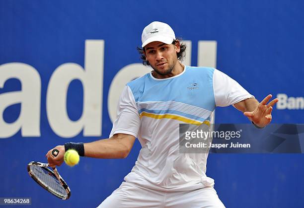Eduardo Schwank of Argentina plays a backhand to Robin Soderling of Sweden during the quarter final match on day five of the ATP 500 World Tour...