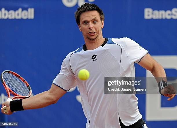 Robin Soderling of Sweden plays a backhand to Eduardo Schwank of Argentina during the quarter final match on day five of the ATP 500 World Tour...