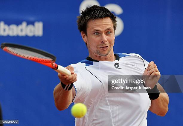 Robin Soderling of Sweden plays a backhand to Eduardo Schwank of Argentina during the quarter final match on day five of the ATP 500 World Tour...