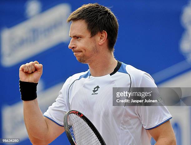 Robin Soderling of Sweden celebrates matchpoint over Eduardo Schwank of Argentina during the quarter final match on day five of the ATP 500 World...