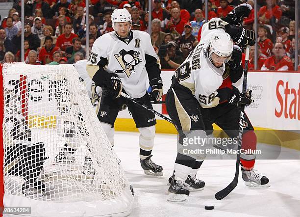 Kris Letang of the Pittsburgh Penguins plays the puck against the Ottawa Senators in Game 4 of the Eastern Conference Quaterfinals during the 2010...