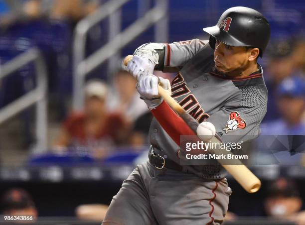 Jon Jay of the Arizona Diamondbacks batting in the third inning during the game against the Miami Marlins at Marlins Park on June 28, 2018 in Miami,...