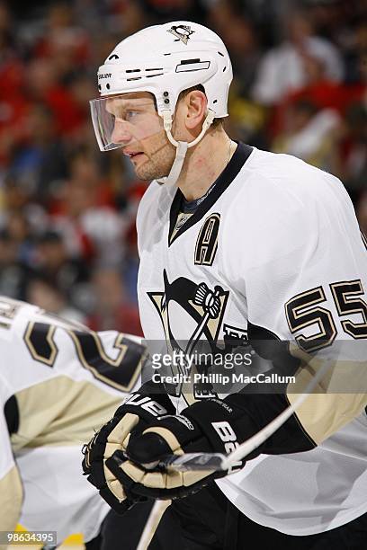 Sergei Gonchar of the Pittsburgh Penguins gets set for play against the Ottawa Senators in Game 4 of the Eastern Conference Quaterfinals during the...