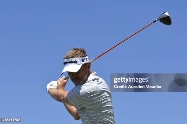 Raphael Jacquelin of France swings during day one of the HNA Open de France at Le Golf National on June 28, 2018 in Paris, France.