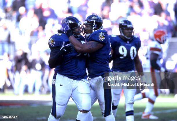 The Ravens Defense celebrate after a great play. Left Defensive Tackle Sam Adams and MiddleLine Backer Ray Lewis of the Baltimore Ravens bump heads....
