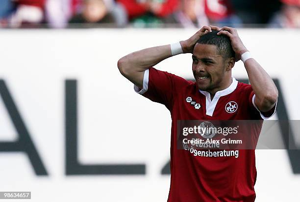 Sidney Sam of Kaiserslautern reacts during the Second Bundesliga match between 1. FC Kaiserslautern and Hansa Rostock at the Fritz-Walter Stadium on...