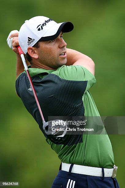 Sergio Garcia of Spain tee off the 11th tee box during the second round of the Zurich Classic at TPC Louisiana on April 23, 2010 in Avondale,...