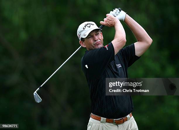 Lee Janzen tees off on the 14th hole during the second round of the Zurich Classic at TPC Louisiana on April 23, 2010 in Avondale, Louisiana.