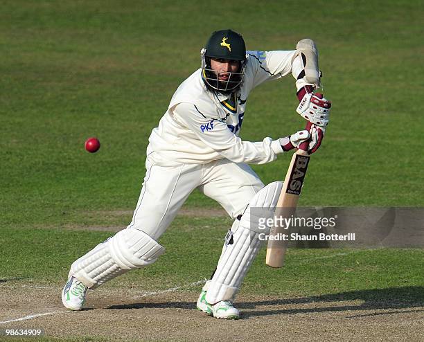 Hashim Amla of Nottinghamshire plays a shot during the LV County Championship match between Nottinghamshire and Somerset at Trent Bridge on April 23,...
