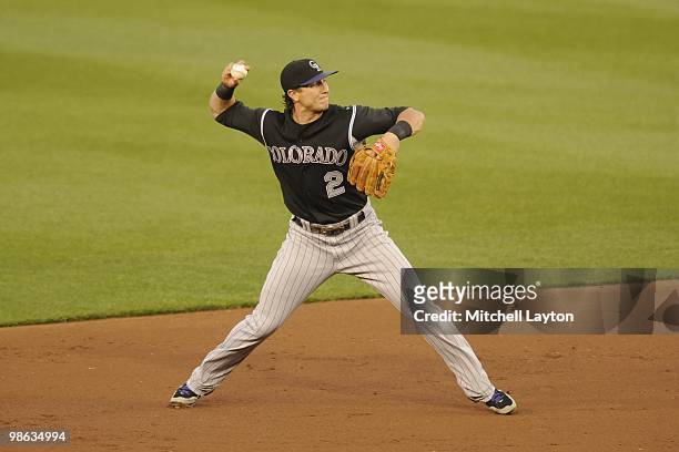 Troy Tulowitzki of the Colorado Rockies fields a ground ball during a baseball game against the Washington Nationals on April 19, 2010 at Nationals...