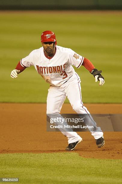 Willy Taveras of the Washingtn Nationals leads off first base during a baseball game against the Milwaukee Brewers on April 19, 2010 at Nationals...