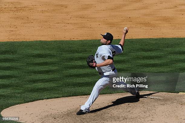 Joba Chamberlain of the New York Yankees pitches during the game against the Los Angeles Angels of Anaheim at Yankee Stadium in the Bronx, New York...