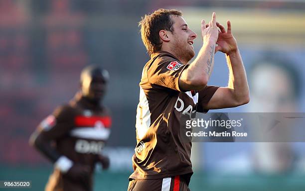 Matthias Lehmann of St. Pauli celebrates after scoring his team's 6th goal the Second Bundesliga match between FC St. Pauli and TuS Koblenz at the...