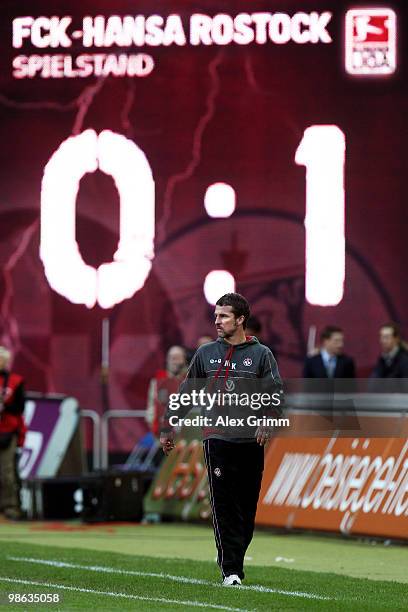 Head coach Marco Kurz of Kaiserslautern looks on during the Second Bundesliga match between 1. FC Kaiserslautern and Hansa Rostock at the...