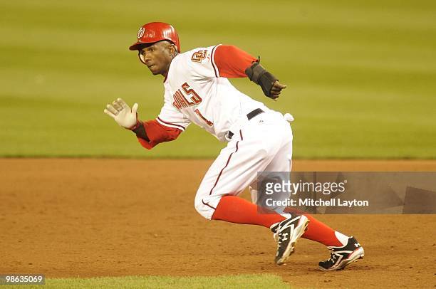 Nyjer Morgan of the Washingtn Nationals runs to second base during a baseball game against the Milwaukee Brewers on April 19, 2010 at Nationals Park...