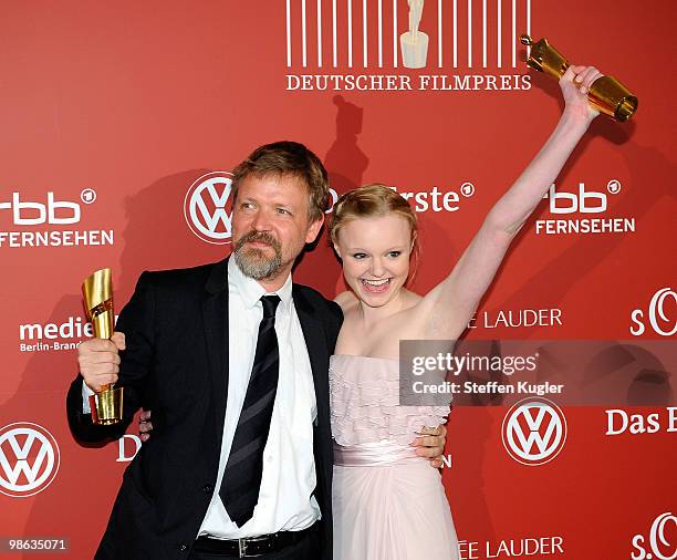 Actors Justus von Dohnanyi and Maria Victoria Dragus hold her Lola for best supporting actors male and female at the 60th German Film Prize awards...