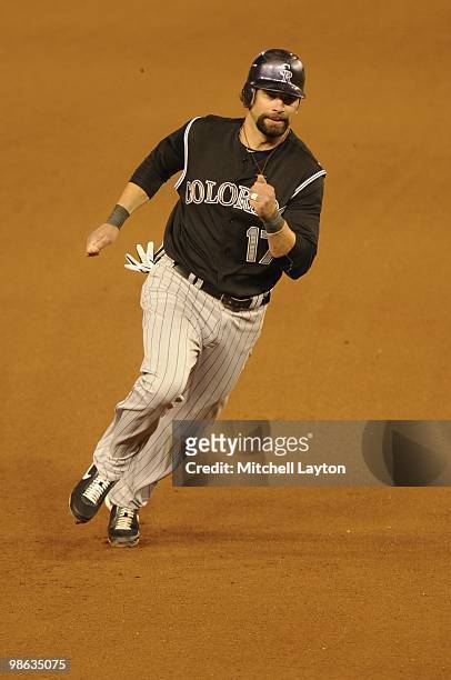 Todd Helton of the Colorado Rockies runs to third base during a baseball game against the Washington Nationals on April 19, 2010 at Nationals Park in...