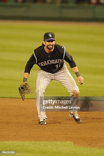 Todd Helton of the Colorado Rockies prepares for a ground ball during a baseball game against the Washington Nationals on April 19, 2010 at Nationals...