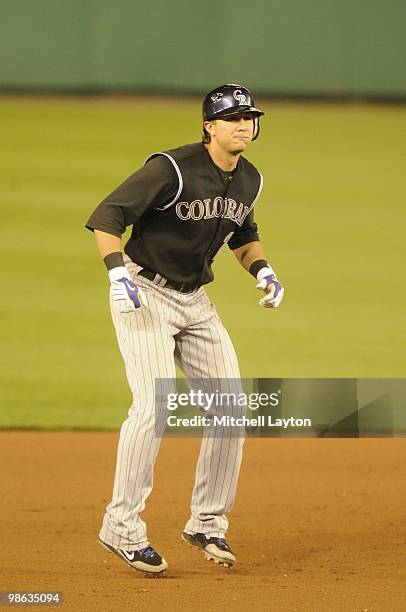 Troy Tolwitzki of the Colorado Rockies leads of second base during a baseball game against the Washington Nationals on April 19, 2010 at Nationals...