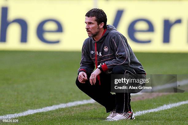 Head coach Marco Kurz of Kaiserslautern looks on the Second Bundesliga match between 1. FC Kaiserslautern and Hansa Rostock at the Fritz-Walter...