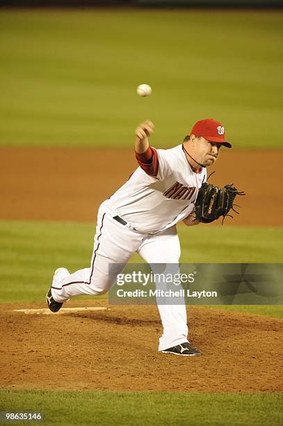 Matt Capps of the Washingtn Nationals pitches during a baseball game against the Milwaukee Brewers on April 19, 2010 at Nationals Park in Washington,...