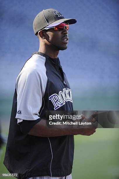 Dexter Fowler of the Colorado Rockies looks on before a baseball game against the Washington Nationals on April 19, 2010 at Nationals Park in...