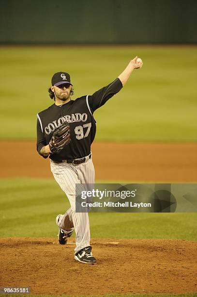 Joe Beimel of the Colorado Rockies pitches during a baseball game against the Washington Nationals on April 19, 2010 at Nationals Park in Washington,...