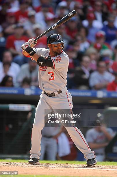 Willy Taveras of the Washington Nationals bats against the Philadelphia Phillies on Opening Day at Citizens Bank Park on April 12, 2010 in...