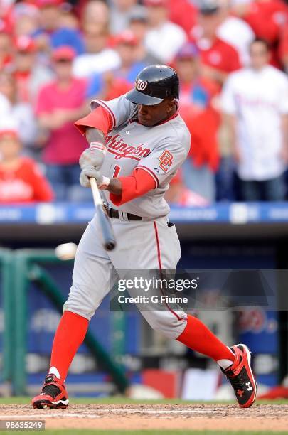 Nyjer Morgan of the Washington Nationals bats against the Philadelphia Phillies on Opening Day at Citizens Bank Park on April 12, 2010 in...