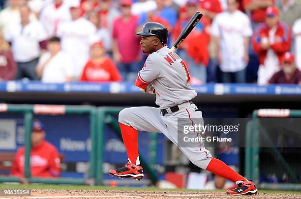 Nyjer Morgan of the Washington Nationals bats against the Philadelphia Phillies on Opening Day at Citizens Bank Park on April 12, 2010 in...