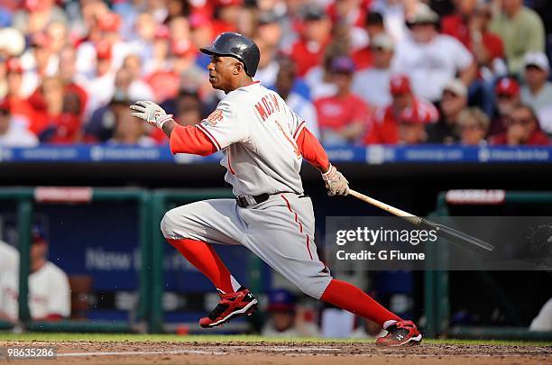 Nyjer Morgan of the Washington Nationals bats against the Philadelphia Phillies on Opening Day at Citizens Bank Park on April 12, 2010 in...